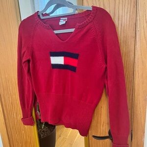 Tommy Hilfiger Red V-Neck Logo Sweater